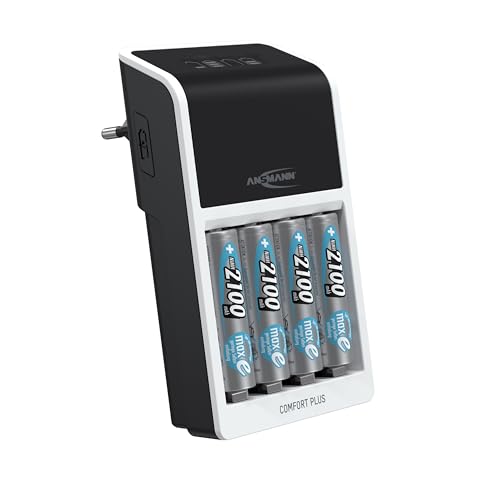 Ansmann Comfort Plus - Caricatore + 4 Batterie Ansmann Aa Da 2100 Mah, Compatibile Con 1-4 Batterie Nimh Micro Aaa/Mignon Aa O 1-2 Aaa/Aa E Un E-Block