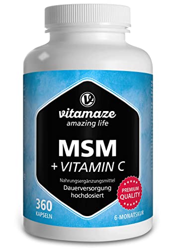 Vitamaze® Msm Integratore Capelli E Ossa + Vitamina C, 360 Capsule Di Metilsulfonilmetano Per 6 Mesi (Msm Polvere Puro Al 99,9%), Qualità Tedesca, Int