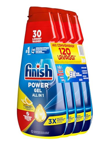 Finish Powergel Detersivo Lavastoviglie Al Limone, Gel Lavastoviglie, 120 Lavaggi, 4 Confezioni Da 30 Lavaggi Di Liquido Lavastoviglie