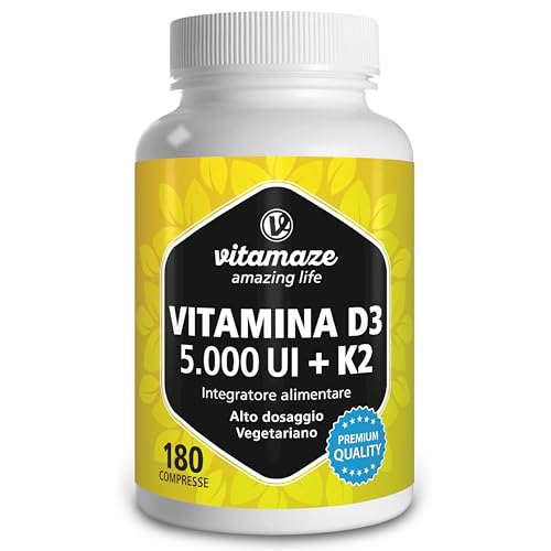 Vitamaze® Vitamina D3 K2 (+1 Anno) Di Alto Dosaggio Vitamina D3 + 20 Mcg Vitamina K2 Al Giorno, 180 Piccole Compresse Vegetariane, Elevata Biodisponib