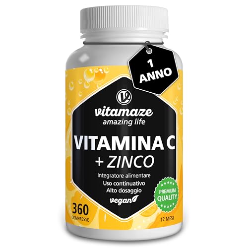 Vitamina C 1000Mg (1 Anno) + Zinco + Bioflavonoidi, 360 Compresse, 1 Compresse Per Giorno, Vegan Vitamina C Pura Dose Forte, Qualità Tedesca, Integrat