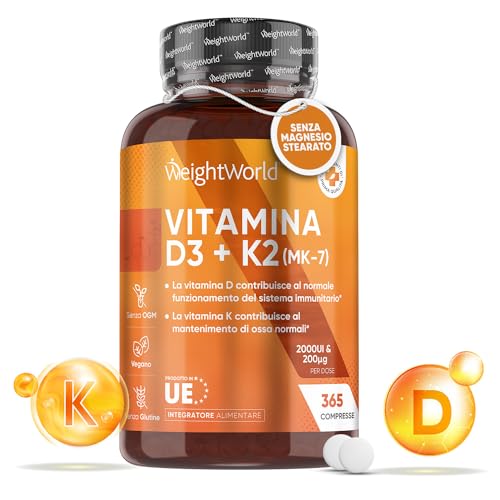 Vitamina D3 K2 2000 Ui + 200Μg, 365 Compresse Vegan (1 Anno) Senza Magnesio Stearato, Vitamina D3 + Vitamina K2 - Sistema Immunitario, Ossa, Denti, Mu