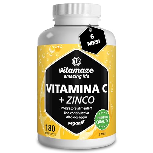 Vitamina C Pura 1000 Mg Alto Dosaggio + Zinco, Per 6 Mesi, 180 Compresse Vegan De Vitamin C Dose Forte, Qualità Tedesca, Naturale Integratore Alimenta