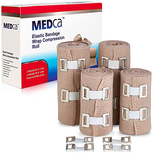 Medca Fascia Per Bendaggio Di Compressione Elastica - Qualità Superiore (Set Da 4) Con Ganci, Rotoli Per Supporto Adesivo Per Sport Atletica Per Disto