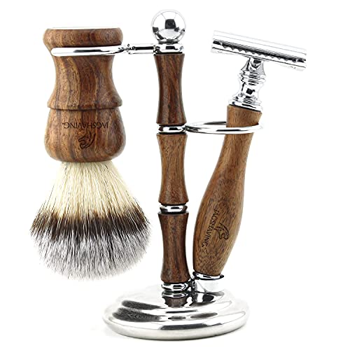 Jag Shaving - Set Da Barba Sostenibile, 3 Pezzi, In Legno, Pennello Da Barba Con Setole Sintetiche, Rasoio Con Lametta A Doppio Filo Da Donna E Da Uom