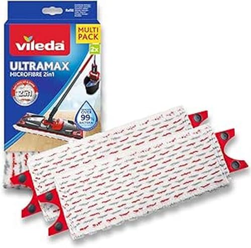 Vileda Ultramax Ricarica Per Scopa Piatta, Microfibra, Bianco/Rosso, 2 Unité (Lot De 1)