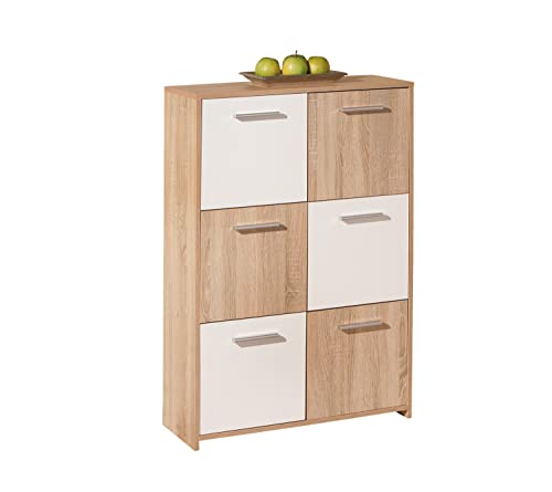 Inter Link Cassettiera Alta In Truciolare, Decoro Sonoma Rovere, Bianco Con 6 Ante