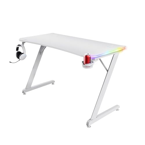Trust Gaming Gxt 709W Luminus Scrivania Gaming Led Rgb, 10 Modalità Colore, Alimentazione Usb, Tavolo Gaming 120 X 60 Con Supporto Per Cuffia E Portab