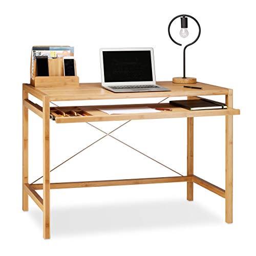 Relaxdays Scrivania, Ripiano Per Tastiera Estraibile, Tavolo Da Ufficio, In Legno Massiccio, 76,5X106,5X55,5Cm, Bambù, Natural Brown, 1 Pz