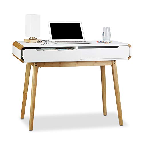 Relaxdays Scrivania Con Cassetti, Tavolino Design Nordico, Scrittoio, Tavolo Per Studio & Cameretta, 73 X 100 X 45 Cm,Bianco, 73X100X45 Cm, Pannelli M