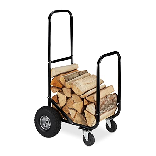 Relaxdays Carrello Per Legna, Da Trasposto, In Acciaio, 2 Pneumatici E 2 Ruote, Capacità Di Carico Fino A 60 Kg, Nero, 80% 20% Gomma, 1 Pz