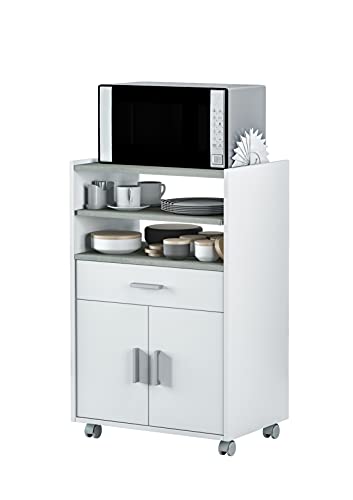 Armadietto Ausiliario Per Microonde, Tavolo Da Cucina Con Cassetto E Due Ante, Colore Bianco E Cemento, Misure: 92 Cm (Altezza) X 59 Cm (Larghezza) X