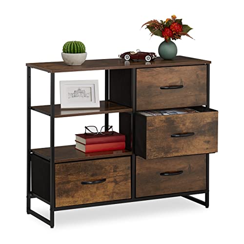 Relaxdays Sideboard In Stile Industriale, Comò A 4 Cassetti, 2 Scomparti Aperti, Hxlxp: 71,5X84X32,5 Cm, Marrone/Nero, 1 Pz