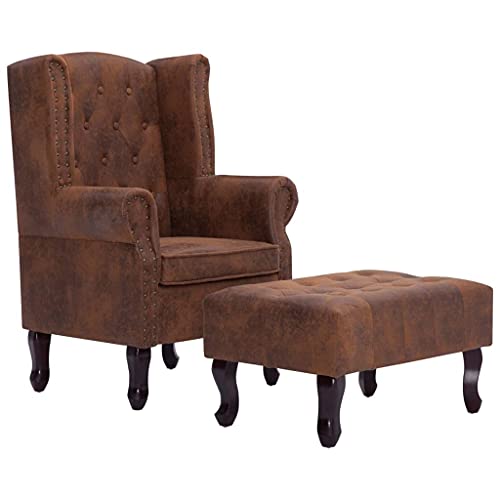 Vidaxl Poltrona Chesterfield Con Pouf Ottomana Scamosciata Relax Elegante Imbottita Seggiola Con Poggiapiedi Marrone In Similpelle