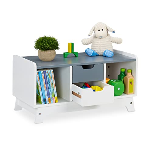 Relaxdays Scaffale Basso Per La Cameretta Dei Bambini, Con 2 Scomparti E 2 Cassetti, Mdf, Hlp 30X60X30 Cm, Bianco/Grigio