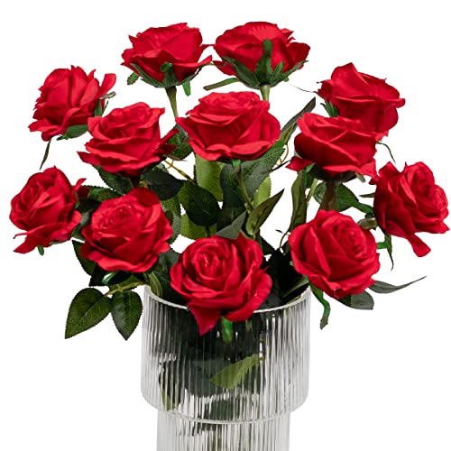 Kisflower 12 Pezzi Rose Fiori Artificiali Realistici Fiori A Stelo Singolo Bouquet Di Rose Di Seta Per Decorazioni Per La Casa Di Nozze (Rosso)