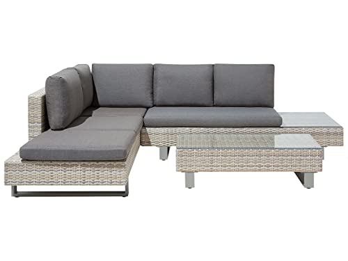 Set Da Giardino Divano Angolare Finto Rattan Beige Cuscini Grigi E Tavolino Lanciano