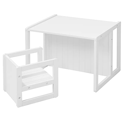 Roba Set Tavolo + Sgabello Per Bambini - Convertibile In Panca - Stile Country – Mobili Per Bambini – 3 Altezze – Multifunzionale - Legno Laccato Bian