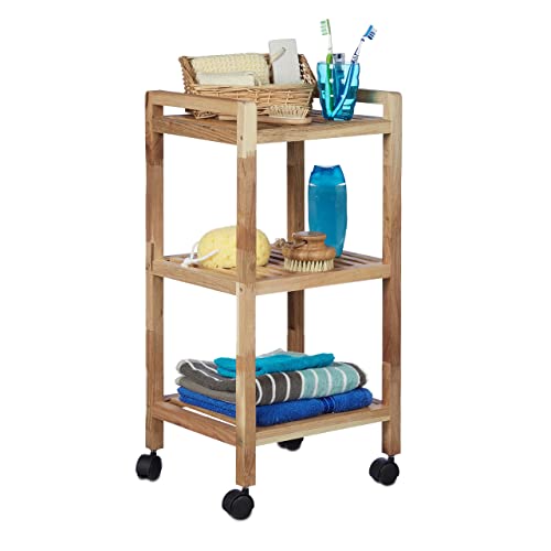 Relaxdays 10021313 Scaffale Bagno Con Ruote In Legno Hlp: 71,5 X 35 X 31 Cm, Manici, Girevole 3 Ripiani Carrello Da Cucina Beige