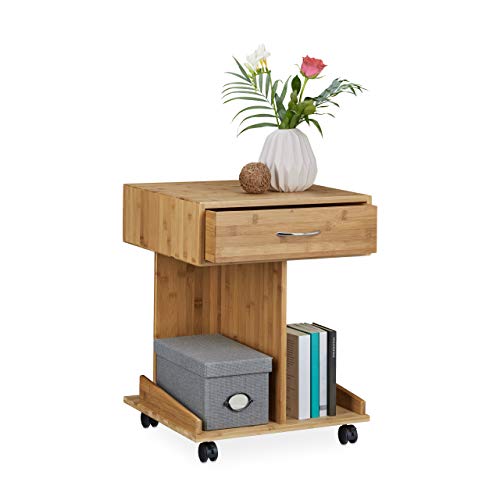 Relaxdays Tavolino Da Salotto Rolli, Con Rotelle, Cassetto, 2 Ripiani Per Libri, Hlxp 56,5X43X46 Cm, Marrone Naturale, Bambú, 46 X 43 X 56.5 Cm