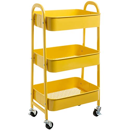 Doeworks Carrello Portaoggetti Carrello A 3 Piani In Metallo Carrello Portaoggetti Organizer Carrello Con Ruote Per Cucina Trucco Bagno Ufficio, Giall