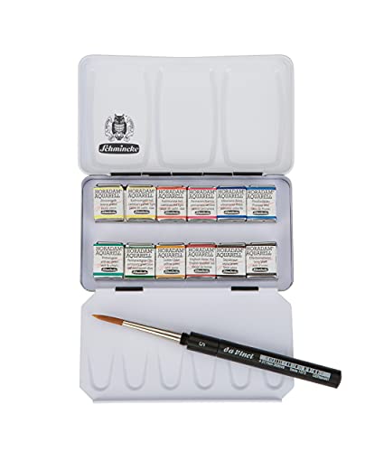 Schmincke - Horadam® Aquarell Scatola Di Pittura Con 12 Colori Acquarelli Sopraffini, 1 Pennello Davinci, 74 012 097, Scatola Di Metallo, Set Di Pittu