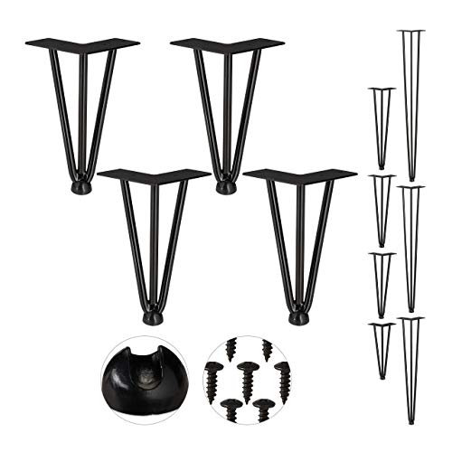 Relaxdays Hairpin Legs, Set Da 4, 3 Aste, Metallo, Gamba Forcella, Sgabello Tavolo E Armadio, Alte, Nero, Acciaio, Gomma, 4 Pz. X 20 Cm