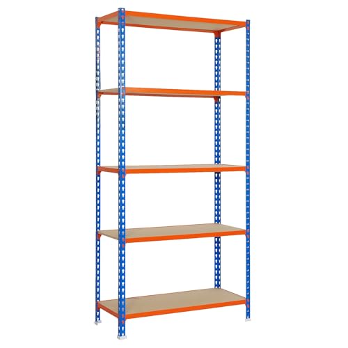 Simonrack Scaffale Metallo Garage, 5 Ripiani Legno, 150 Kg Di Punto Di Flessione, 1800X900X400 Mm, Scaffale Garage, Senza Viti, Blu/Arancione/Legno -
