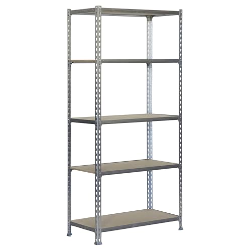 Simonrack Scaffale Metallo Garage, 5 Ripiani Legno, 150 Kg Di Punto Di Flessione, 1800X900X400 Mm, Scaffale Garage, Senza Viti, Zincato/Legno - Maderc