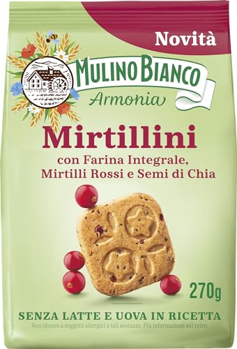 Mulino Bianco Mirtillini, Biscotti Frollini Con Farina Integrale, Mirtilli Rossi E Semi Di Chia, Ricchi Di Vitamina E, Senza Latte E Uova In Ricetta,