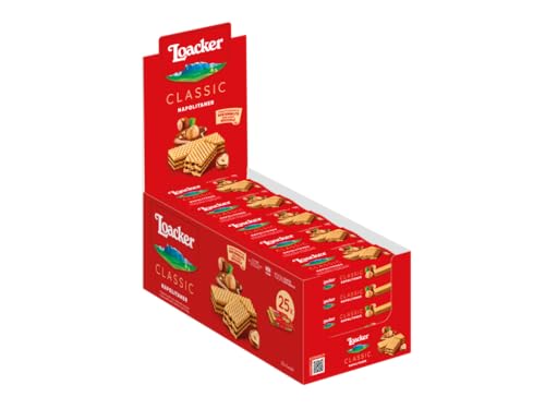 Loacker, Classic Napolitaner Display, Wafer Classico Con 3 Strati Di Cialde Farcite Con Crema Alla Nocciola, Merenda E Snack, 25 Confezioni Da 45G L'U