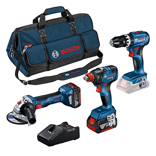 Bosch Professional Combo Kit Gsb 18V-45 + Gdx 18V-200 + Gws 18V-7 (Incl. 2 Batterie Da 5.0 Ah, Caricabatteria Gal 18V-40, In Borsa Degli Attrezzi Medi