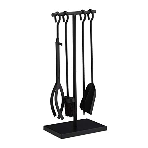 Relaxdays Servitore Nero 5 Pezzi Accessori Da Camino, Moderni, 5 Parti Con Attizzatoio, Paletta Pinza, Scopino E Supporto Porta Attrezzi, 100% Acciaio