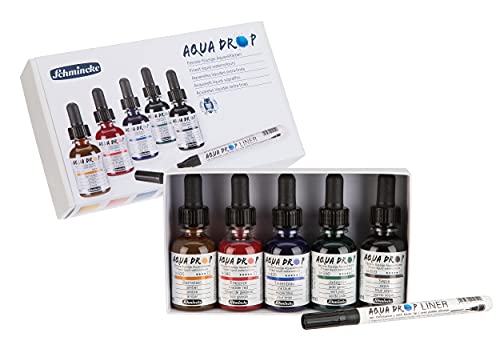 Schmincke - Aqua Drop, Acquarello Liquido, 5 Colori Trasparenti Da 30 Ml + Liner Con Punta Di Pennello, 78 105 097, Set Per Pittura Ad Acquarello, Cal