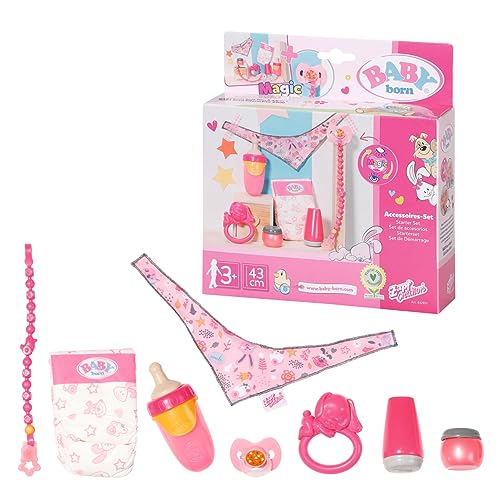 Baby Born Starter Set 832851 - High-Quality Accesories For Baby Born Dolls For Toddlers - Includes Magic Eyes Dummy & Dummy Chain, Nappy, Ring Toy, Po