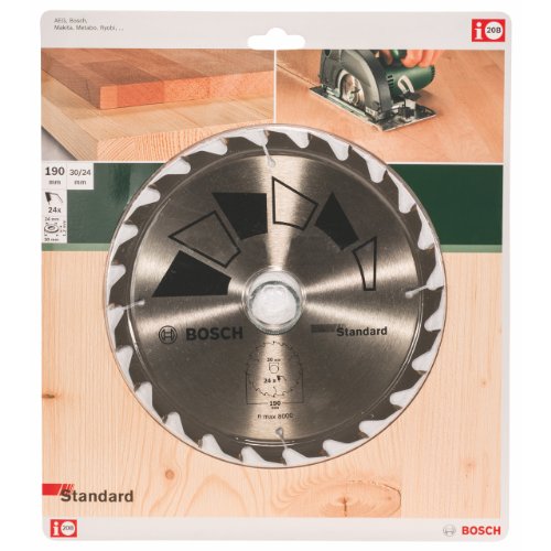 Bosch 1X Lama Per Sega Circolare Standard (Per Legno, Ø 190 X 2.2/1.5 X 30/24 Mm, 24 Denti, Atb, Con 1X Anello Di Riduzione 24 Mm, Accessori Seghe Cir