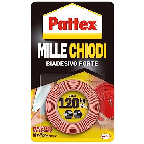 Pattex Millechiodi Tape, Nastro Biadesivo Extra Forte Per Applicazioni Permanenti, Nastro Adesivo Di Montaggio Per Interni Ed Esterni, 19 Mm X 1,5 M