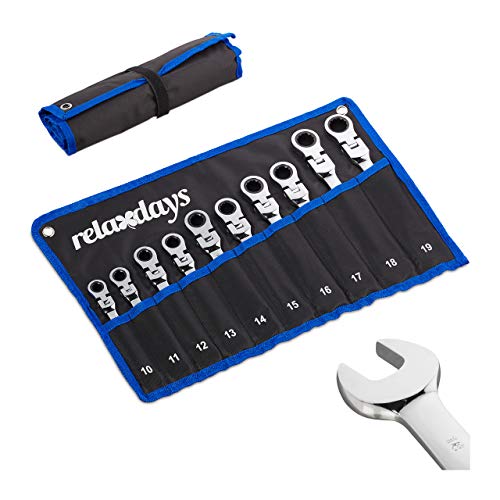 Relaxdays Set Di Chiavi Inglesi & Anello, Kit Da 10 Attrezzi, Funzione A Cricchetto, Borsa Pieghevole, 10-19 Mm, Nera