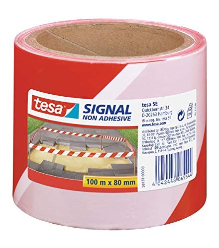 Tesa Nastro Segnaletico, Nastro Di Segnalazione Per Barricare, Marcare E Delimitare Aree Di Pericolo, Non Adesivo, Rosso-Bianco, 100 M X 80 Mm
