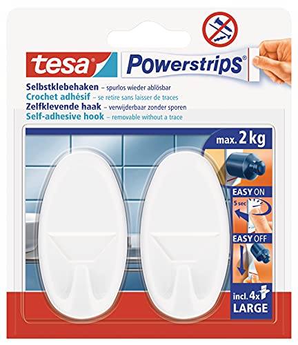Tesa Powerstrips Ganci Large Ovali - Gancio Adesivo Rimovibile Per Vetro, Piastrelle, Legno, Plastica E Altre Superfici - Impermeabile - Bianco - Fort