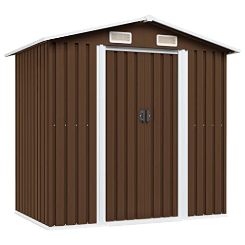 Vidaxl Capanno Per Attrezzi Da Giardino Ventilato Ingresso A Scorrimento Robusto Casetta Da Esterno Magazzino Marrone 204X132X186 Cm In Acciaio