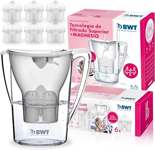 Bwt Manual Life - Vaso Filtro Acqua In Magnesio + Confezione 6 Vasi Filtro Acqua, 2,6 L, Bianco