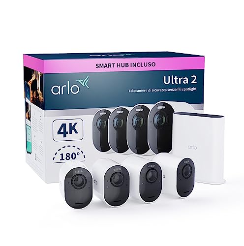 Arlo Ultra 2 Telecamera Wifi Esterno Senza Fili, Telecamera Wifi Interno, 4K Uhd, Sirena Allarme Casa, Sensore Di Movimento, Audio Bidirezionale, Prov