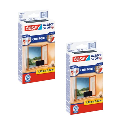 Tesa Insect Stop Comfort Zanzariera Per Finestre, Confezione Da 2 Pezzi, Con Nastro Adesivo In Velcro, Zanzariera Senza Foratura, Antracite (Trasparen