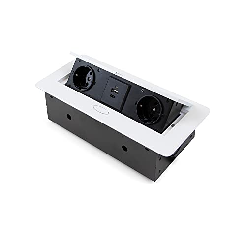 Emuca - Ciabatta Da Scrivania, 2 Prese Eu + 1 Usb Tipo A + 1 Usb Tipo C, 265X120Mm, Acciaio E Alluminio, Verniciato Bianco
