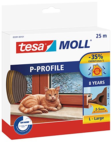 Tesa Moll P-Profile Seal - Gomma Sigillante Per L'Isolamento Degli Spazi Tra Porte E Finestre - Marrone - 25 M X 9 Mm X 5,5 Mm