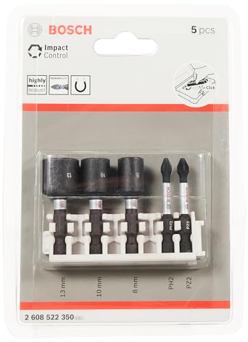 Bosch Accessories 5 Pz. Di Bit Avvitamento Und Bussole Set (Impact Control, Pz/Ph Bits, Lunghezza 50Mm, Pick And Click, Accessorio Avvitatore A Impuls