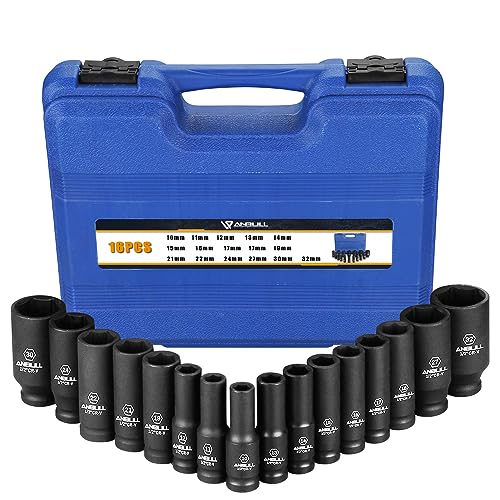 Anbull 1/2" Drive Deep Impact Socket Set, 16 Pezzi Set Di Chiavi Metriche, 6 Punti, 10-32 Mm, Acciaio Cr-V, Custodia Resistente