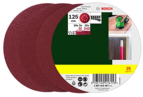Bosch Professional 25 Fogli Abrasivi Roto-Orbitale, 125 Mm, Nero
