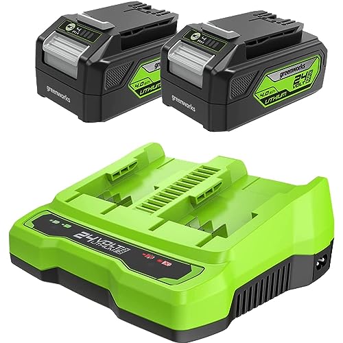 Greenworks Batterie 24V E Caricabatterie Doppio Slot - Due Batterie Ricaricabili 4Ah Per Tutti Gli Elettroutensili Greenworks 24V, Uscita 48W Tensione